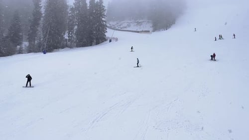 Skiers Skiing Downhill in Winter Resort Mountains