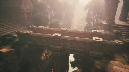 Ancient Stone Bridge Connecting Ruined Structures in a Misty Jungle Setting