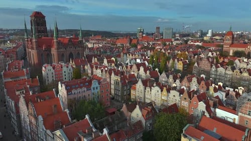 Aerial view of St. Mary's Church and tenements in the old town of Gdansk, Poland