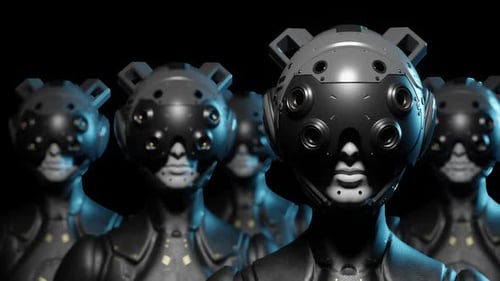 Eine Armee von Robotern mit Helmtransformationseffekt. Der Roboter beobachtet, was passiert