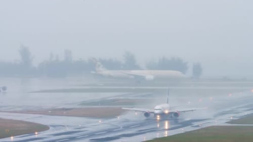 Airplane on Runway Rain Splashes