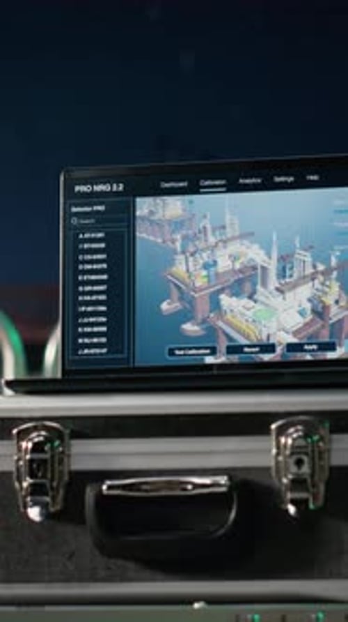 Vertikaler Videolaptop auf einer Offshore-Plattform überwacht die Benzinproduktion bei Versorgungsengpässen