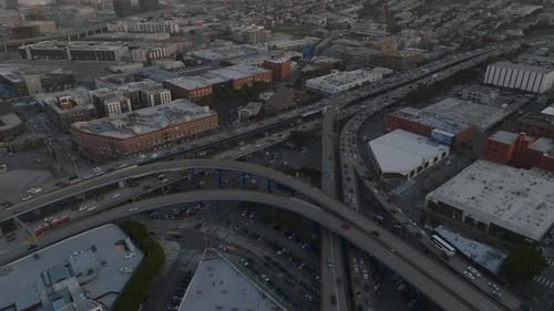 Aerial Footage of Transport Infrastructure in City at Rush Hours Heavy Traffic on Multilevel