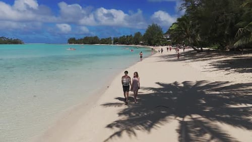 A young couple walks on a sandy beach under the palm trees.