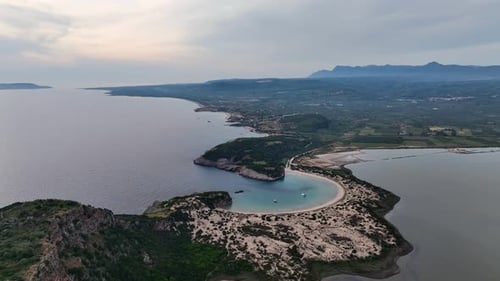 Aerial view of Voidokilia beach in Messinia, Greece