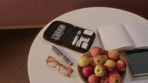 Medical Supplies and Healthy Apples on a Table