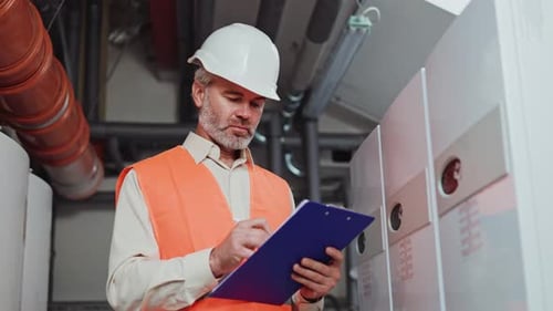 Qualified Aged Engineer in Hardhat Writing Data in Clipboard in Technical Room
