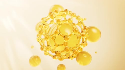 Rotating Abstract Molecular Structure with Golden Liquid Spheres