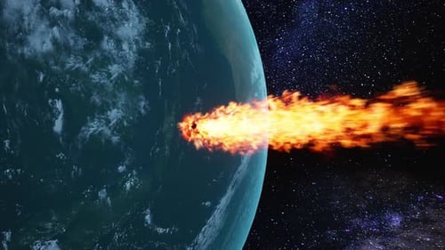 Fiery Meteor Approaching Planet from Outer Space