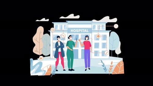 Profesionales de la salud fuera de un edificio hospitalario moderno.