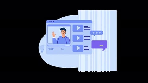 A man waves in a digital interface design with blue tones.