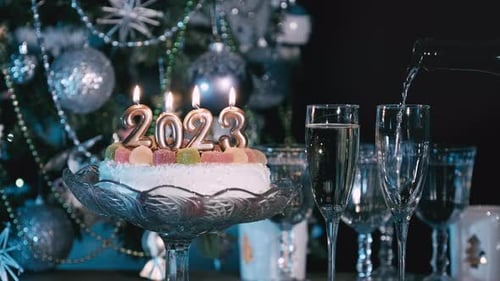 Celebrating New Year with Sparkling Champagne and Cake