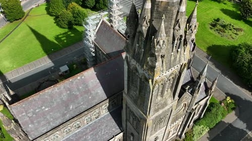 St. Cathedral, County Monaghan, Ireland, September 2022. Drone orbits the rooftop clockwise tilting