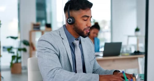 Businessman, call center and consulting with headphones on computer in customer service