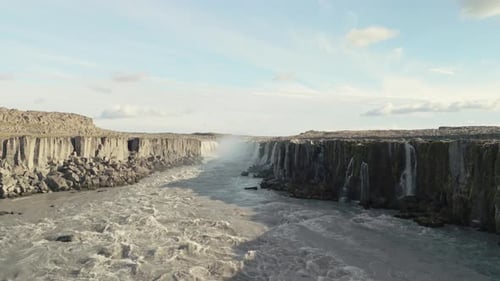 Aerial Drone View Dettifoss Waterfall Powerful Falls In Iceland Basalt Canyon