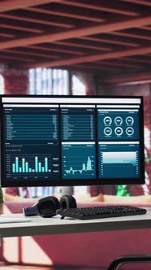 Vertical Video Modern Home Office with Desktop PC Monitor Displaying Business Analytics