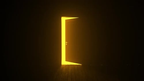 Porte mystérieuse s'ouvrant sur une lumière jaune vif