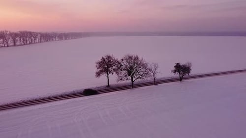 Spacious fields covered in snow. Local road with morning traffic. Dawn. Aerial circle pan.