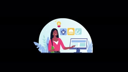 Woman working on computer with security icons