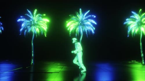 Futuristic Background Of Runing Astronaut And Side Scrolling Neon Glowing Palm Trees.Mov