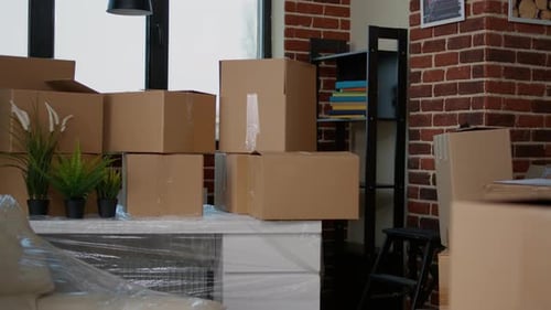 Living Room Filled with Moving Boxes in Apartment