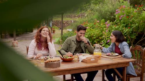 Friends Sharing Meal Together Outdoors in Garden Setting