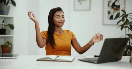 Woman, laptop and stretching in office with smile, completed tasks and positive report review