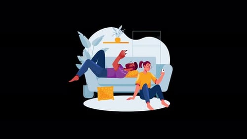 Modern Animation of Women Relaxing on Sofa with Smartphones