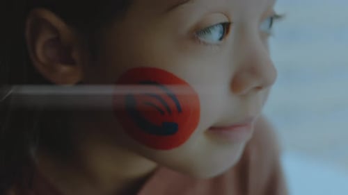 Serious Little Girl with Telephone Symbol Painting on Her Face Communication Concept