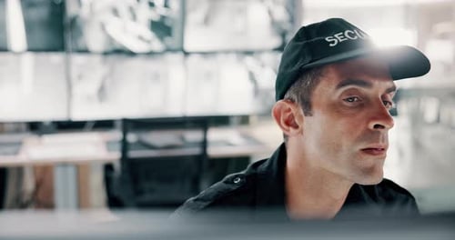 Man, security guard and control room with radio for surveillance or monitoring safety in building