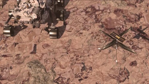 Der Mars-Rover setzt seine Ausrüstung vor dem Hintergrund einer echten Marslandschaft ein.