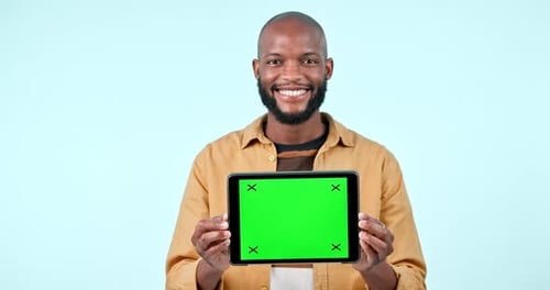 Tablet mock up, green screen and a man in studio with website, internet and social network