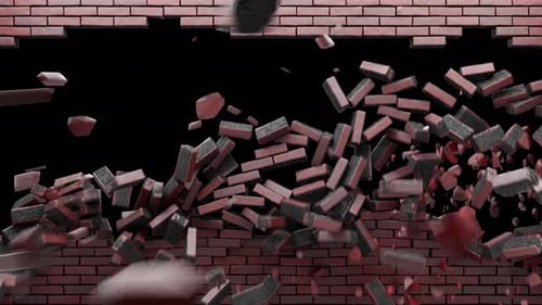 Exploding red brick wall. Textured brick background with alpha channel, transparent background, and