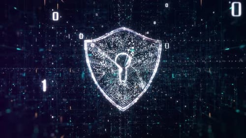 Futuristic Digital Shield Icon with Binary Code Animation