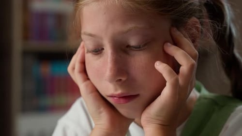 Close Up Sad Face Tired Child School Kid Exhausted Bored Schoolgirl Learner Pupil Lazy Sleepy