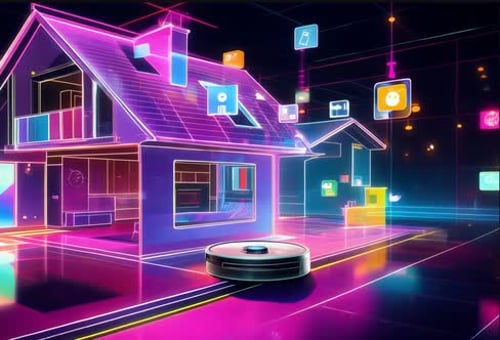 Modern home automation with smart vacuum cleaner and glowing neon interface icons