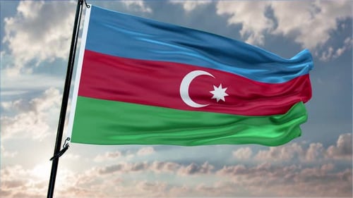 Realistic Waving Flag of Azerbaijan Against Cloudy Sky