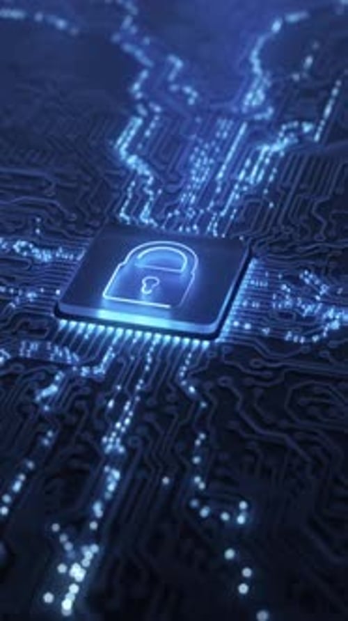 Digitales Sicherheitshologramm des virtuellen Schlosssymbols auf der Leiterplatte, Konzept des Finanzdatenschutzes und