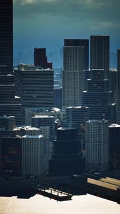 Night City Skyline Aerial View With Water Reflection