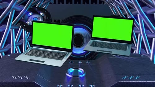 3D Laptop mockup with green screen in the background of future technology