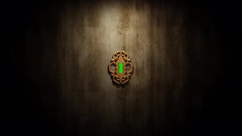 Wall or door with a keyhole. The camera flies through the keyhole and and reveals the green screen
