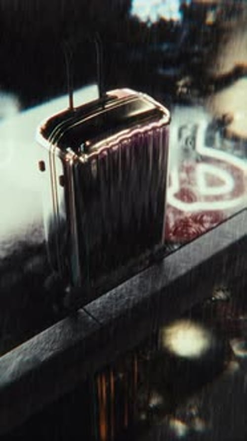 Vertical Chrome Suitcase Alone in Rainy City Street at Night