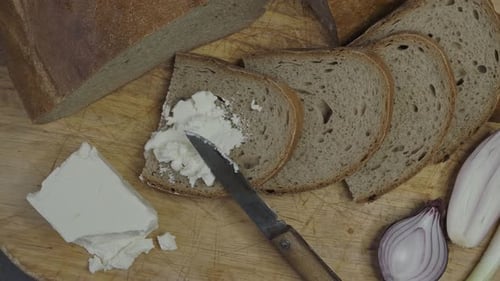Bread and Cheese Still Life with Slices and Onions