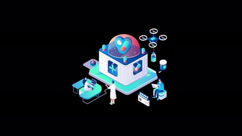Medical technology scene with diverse individuals and healthcare elements