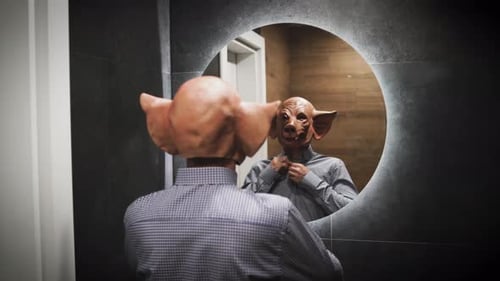 Creepy Video of Man with Pig Mask in Bathroom Fixing Shirt in Mirror