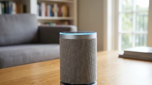 Smart Speaker with Glowing Blue Light on Coffee Table in Living Room