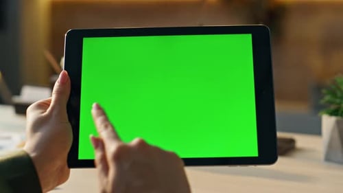 Woman Hands Swiping Mockup Tablet at Workplace Closeup Manager Using Chroma Key
