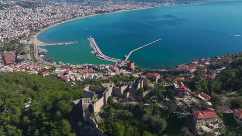 Aerial Video Old Castle With Stone Walls On A Rocky Cliff A Stunning View Of The Blue Ocean And