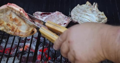 Pork Chuck Steak During Grilling in a Flaming Prepared Grill