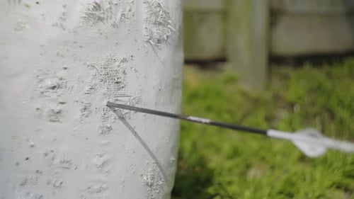 A shot of an archery bag as 3 arrows are shot into it.